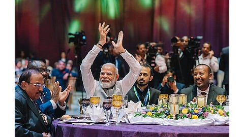Prime Minister Narendra Modi with his Ethiopian counterpart Abiy Ahmed Ali and others during a ceremony hosted at the Addis International Convention Centre, in Addis Ababa. National Security Advisor (NSA) Ajit Doval is also seen.