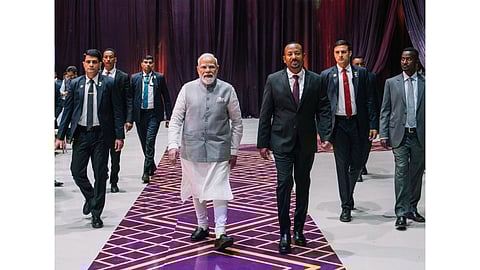 Prime Minister Narendra Modi with his Ethiopian counterpart Abiy Ahmed Ali during a ceremony hosted at the Addis International Convention Centre, in Addis Ababa.