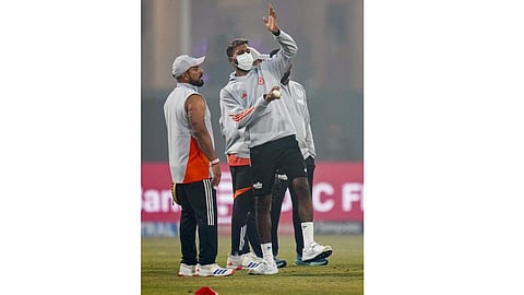 India's Hardik Pandya, centre, ahead of the fourth T20 International cricket match of a series between India and South Africa, at Ekana Cricket Stadium in Lucknow, Wednesday, Dec. 17, 2025