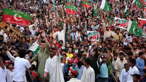Dozens of Imran Khan's supporters for a protest sit-in outside the Adiala Jail