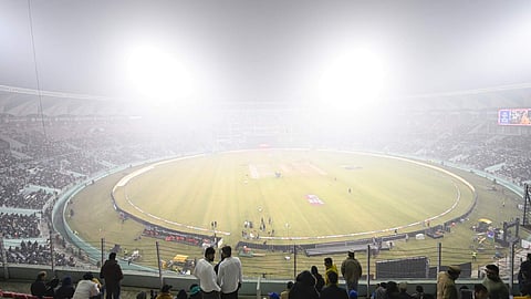 A view of Ekana Cricket Stadium shrouded in dense fog ahead of the fourth T20 International between India and South Africa, in Lucknow, Wednesday, Dec. 17, 2025