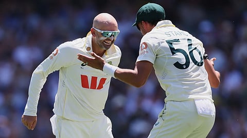 Nathan Lyon celebrating the dismissal of Ollie Pope with Mitchell Starc (Photo: AP)