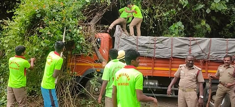 Rescue personnel remove a huge tree that fell on a lorry