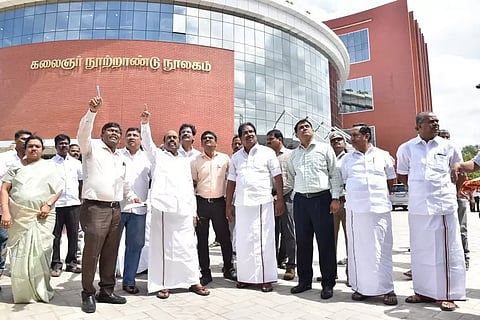 PWD Minister EV Velu and other Ministers inspect ongoing works at Kalaignar centenary library in Madurai on Wednesday