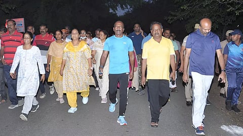 Ma Subramanian inspects a walking track in Dharmapuri