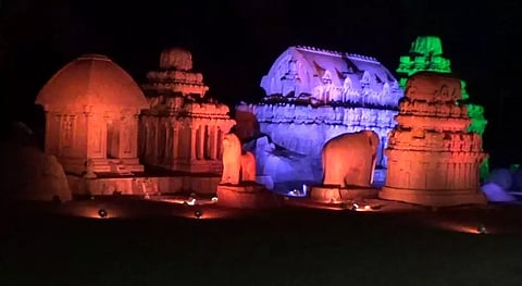 Monuments in Mahabalipuram glitter under hues of lightings