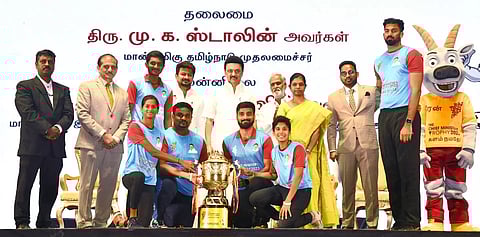 Chief Minister MK Stalin with winners of CM Trophy sports meet in Chennai on Tuesday