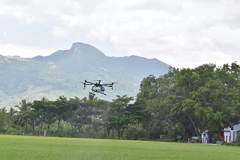 A demo of drone usage in agriculture being held in Kanniyakumari on Thursday