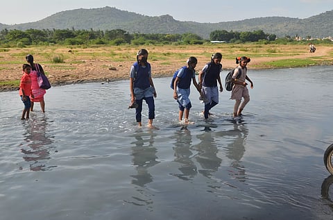 Students crossing the stretch across Palar by wading through sewage stagnated in the river in Vellore