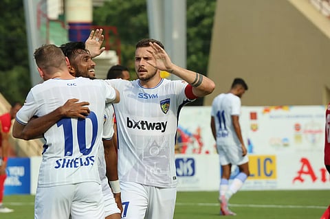 Chennaiyin FC players celebrate a goal against Tribhuvan Army. CFC won 3-0