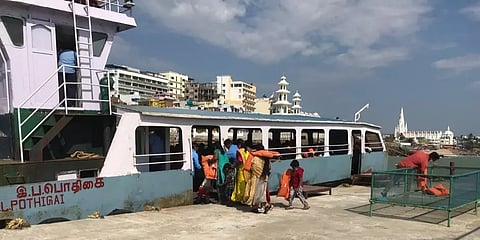 Only a few tourists seen boarding the ferry to reach Vivekanandar Rock memorial in Kanniyakumari during weekend