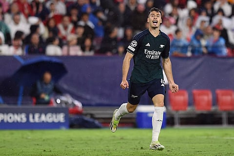 Gabriel Martinelli celebrates after scoring Arsenal’s opening goal against Sevilla FC