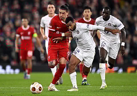 Liverpool Darwin Nunez vies for the ball with Cristian Casseres during their Europa League encounter