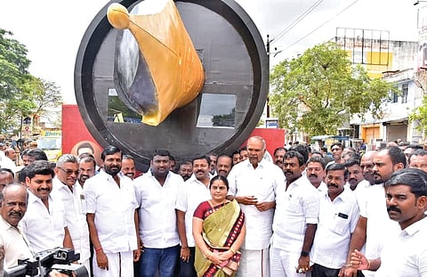 Speaker M Appavu welcoming the ‘Muththamizh Ther’ on its arrival near Vallioor in Tirunelveli on Sunday