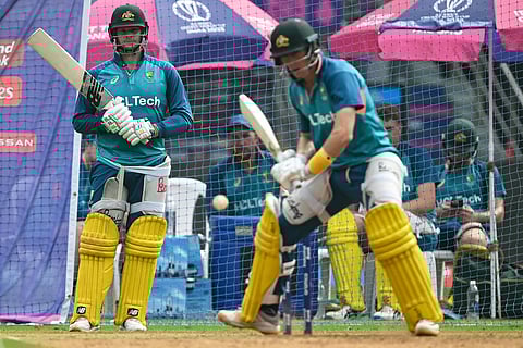 Steve Smith watches Marnus Labuschagne bat in the nets