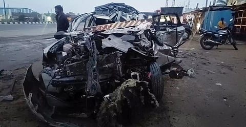 Mangled remains of the car