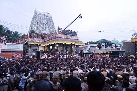 Devotees occupying all vantage points inside temple to witness lighting of Maha Deepam atop the Annamalai hill