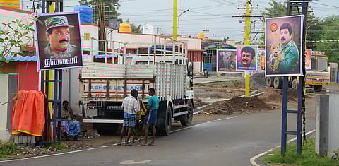Banners of slain LTTE leader V Prabhakaran at the entrance and inside the Sri Lankan rehabilitation camp near Vellore