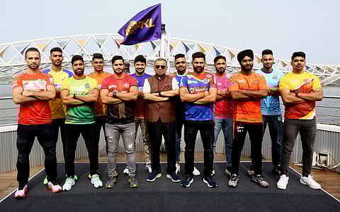 Captains of the 12 teams of Pro Kabaddi League along with League Commissioner Anupam Goswami