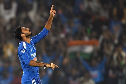 Axar Patel celebrates after taking the wicket of Aaron Hardie in fourth T20I