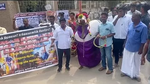 The bull owner alleging irregularities during inaugural contest at Keelakarai in Madurai protests at Collectorate