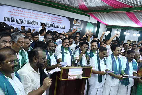 AIADMK general secretary Edappadi K Palaniswami leading a protest in Thanjavur on Thursday