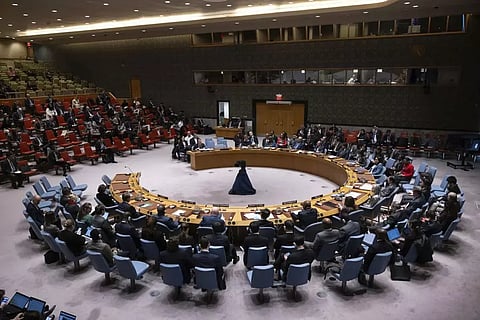 A general view shows a Security Council meeting at United Nations headquarters