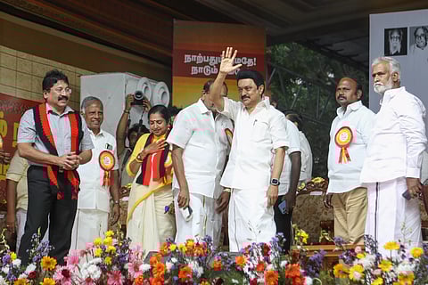 CM MK Stalin, with Chennai Central and South party candidates, during a rally in Besant Nagar.