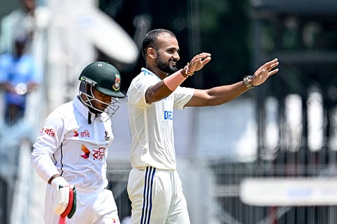 Akash Deep celebrates after picking a wicket during the first Test in Chennai