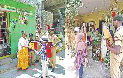 Children distributing sparrow homes to the residents of Kottivakkam Kuppam.