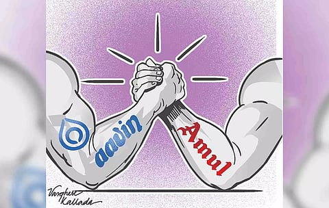 The row that has broken out is reminiscent of the political slugfest ahead of the Assembly polls in K'taka over Amul entering the market dominated by Nandini (Illustration by Varghese Kallada)