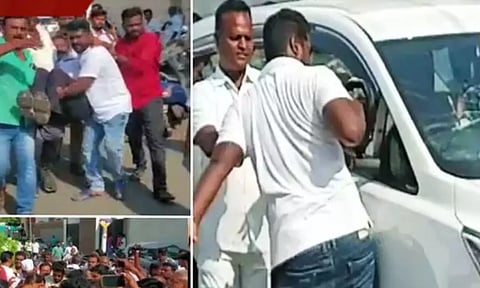 DMK supporters attacking I-T officials' vehicle 