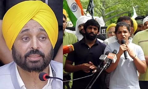 Punjab Chief Minister Bhagwant Mann; Bajrang Punia and Sakshi Malik (PTI)