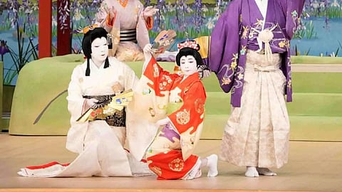 In this image released by Shochiku, Maholo Onoe, front center, performs as he makes his official stage debut at the Kabuki Theater in Tokyo, on May 2, 2023. He is one of the biggest emerging stars in Japan’s 420 year-old Kabuki theater. ( AP)