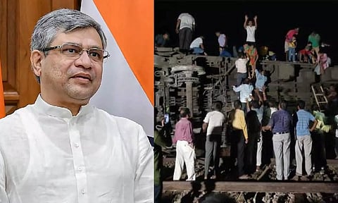 Railway Minister Ashwini Vaishnaw (left); Visual from the train accident (ANI) 