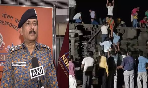 NDRF DIG Manoj Kumar Yadav (left); Visual from the spot (ANI)