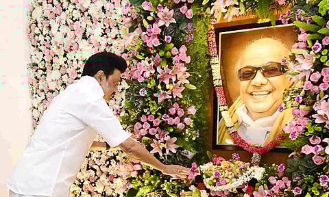 MK Stalin paying respects to portrait of M Karunanidhi at the Gopalapuram residence.