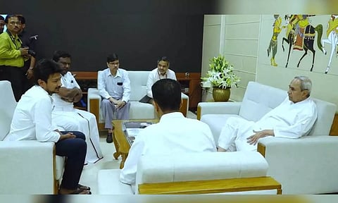 TN Youth Welfare & Sports Minister Udhayanidhi Stalin and TN Transport Minister SS Sivasankar along with government officials meet Odisha Chief Minister Naveen Patnaik (ANI)