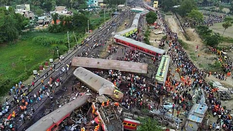 A drone view shows derailed coaches after trains collided in Balasore district in the eastern state of Odisha. (Reuters)