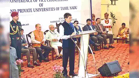 Governor Ravi addressing a conference of Vice-Chancellors in Udhagamandalam