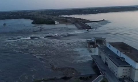 A general view of the Nova Kakhovka dam that was breached in Kherson region