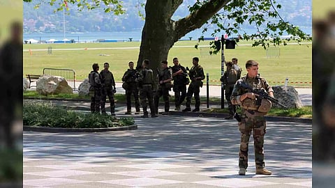 French soldiers secure the area after several children and an adult have been injured in a knife attack in Annecy, in the French Alps, France, June 8, 2023. (REUTERS)