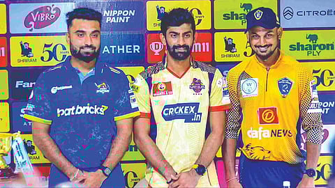 (from left) Salem Spartans captain Abhishek Tanwar, Chepauk Super Gillies skipper Narayan Jagadeesan and Nellai Royal Kings skipper KB Arun Karthick at the pre-tournament press conference in Coimbatore