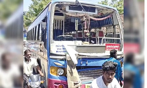 One of the damaged buses involved in the accident