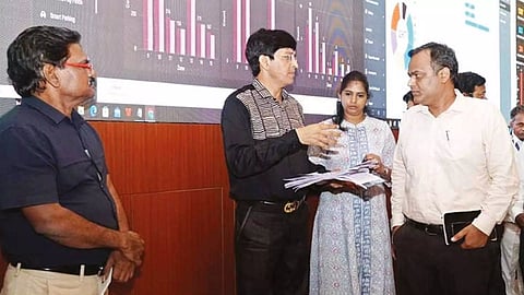 GCC commissioner J Radhakrishnan during the inspection of the preparatory works at Ripon Building