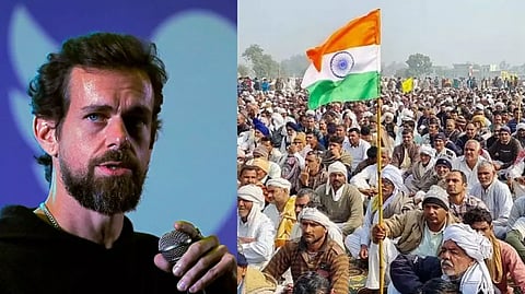 Ex-Twitter CEO Jack Dorsey (L), Farmers during 'Kisan Mahapanchayat' against the new farm laws (R)