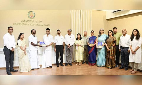 CM MK Stalin and Minister for Environment, Climate Change Siva V. Meyyanathan releasing the Climate Action Plan, in Chennai on Tuesday. (Twitter/@CMOTamilnadu) 