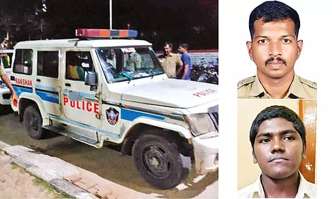 (L) The retrieved jeep of Andhra Pradesh police; DSP Karthick (R - top) and Thief Surya (R - bottom)