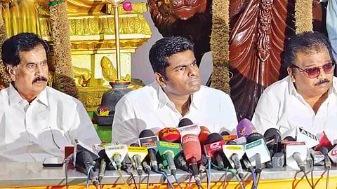 K Annamalai, BJP state president, addressing reporters during a press conference at party headquarters Kamalalayam in Chennai on Wednesday