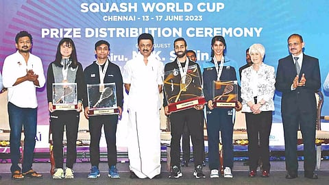 Squash World Cup podium finishers with Chief Minister MK Stalin, Sports Minister Udhayanidhi Stalin, WSF president Zena Wooldridge and SRFI life president N Ramachandran at the closing ceremony on Saturday